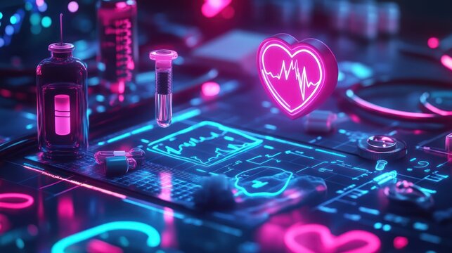 Futuristic medical technology interface with heart rate monitor, vials, pills, and test tubes. - Powered by Adobe