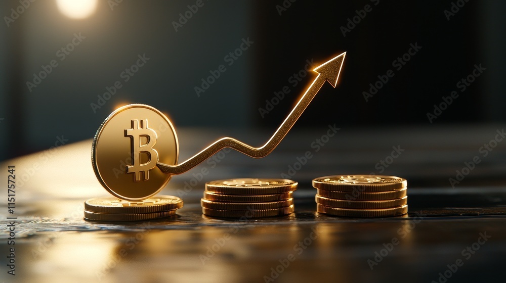Poster futuristic digital coin rising on graph with gold stacks in background