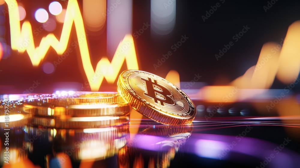 Poster futuristic digital coin rising with graphs and light waves in a virtual environment