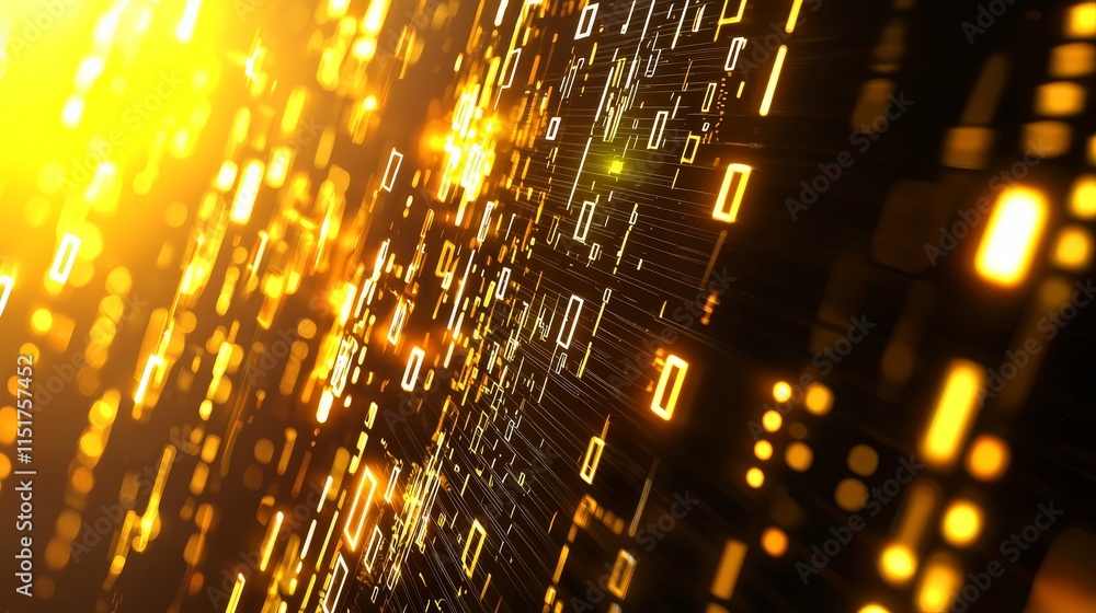 Poster abstract representation of digital data with glowing elements and lines of light