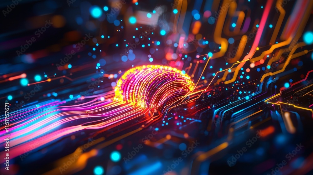 Aufkleber neon digital lines radiating from a central ai brain in abstract background