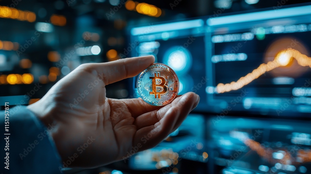 Poster hand holding shiny digital coin with cryptocurrency chart display in background