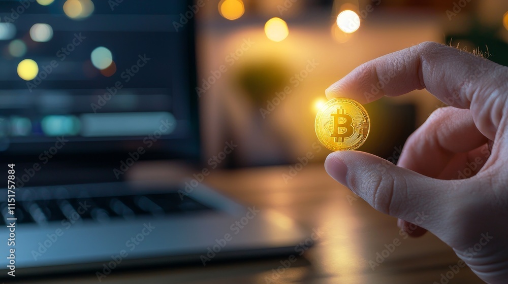 Poster close-up hand holding shiny digital coin with computer screen in background