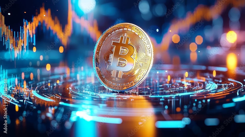 Poster digital coin surrounded by dynamic market patterns and vibrant financial data elements