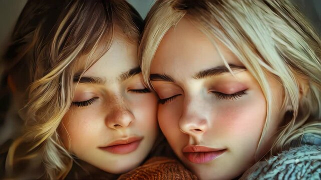 Close-up portrait of two blonde sisters with striking blue eyes and freckles, expressing a bond of love and innocence