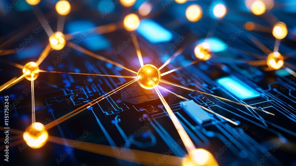 Poster detailed overhead view of technology and circuit network with illuminated nodes