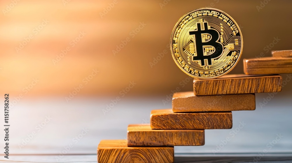 Aufkleber digital currency climbing staircase with bitcoin coin at the top of the graph