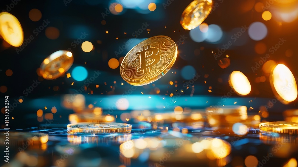 Aufkleber floating digital coins in abstract techno style with bright bokeh effects