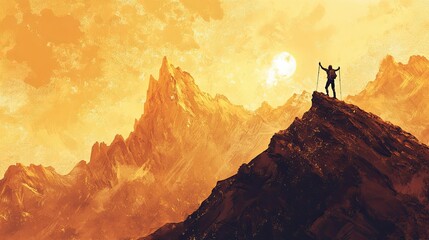 Fototapeta premium Triumphant hiker on peak, sunset over golden mountains.