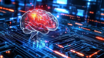Fototapeta premium Dynamic Visualization of AI Processes with Brain on Circuit Board Background