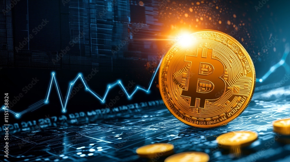 Poster golden bitcoin coin with line graph showing financial trends in infographic style