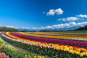 A vibrant field of tulips in various colors under a clear blue sky.
