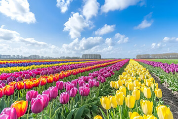 A vibrant field of tulips in various colors under a bright blue sky with fluffy clouds.