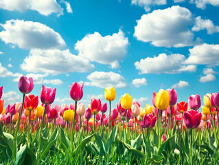 A vibrant field of tulips under a bright blue sky with fluffy clouds.