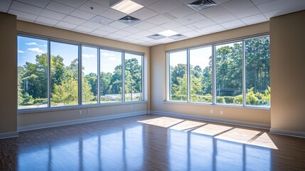 Obraz premium Spacious Room with Panoramic View of Lush Greenery