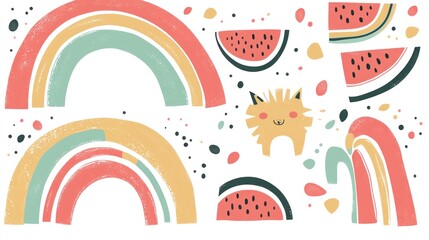 Whimsical Summer Rainbow and Watermelon Illustration