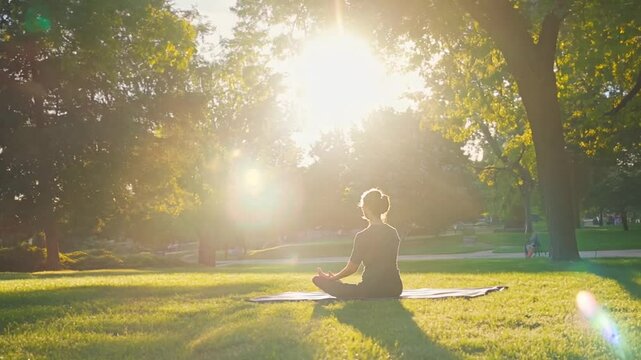 A tranquil image of a woman meditating on a yoga mat in a lush park during the golden hour. The surrounding trees and sunlight evoke calmness and a deep connection to nature