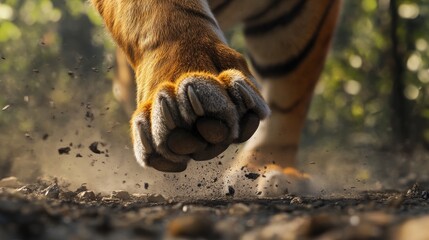 Close-up of a tiger's paw running, kicking up dust on the ground.