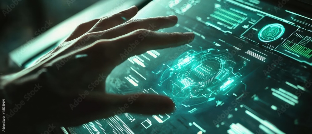 Poster futuristic interface interaction with hand on touchscreen display technology