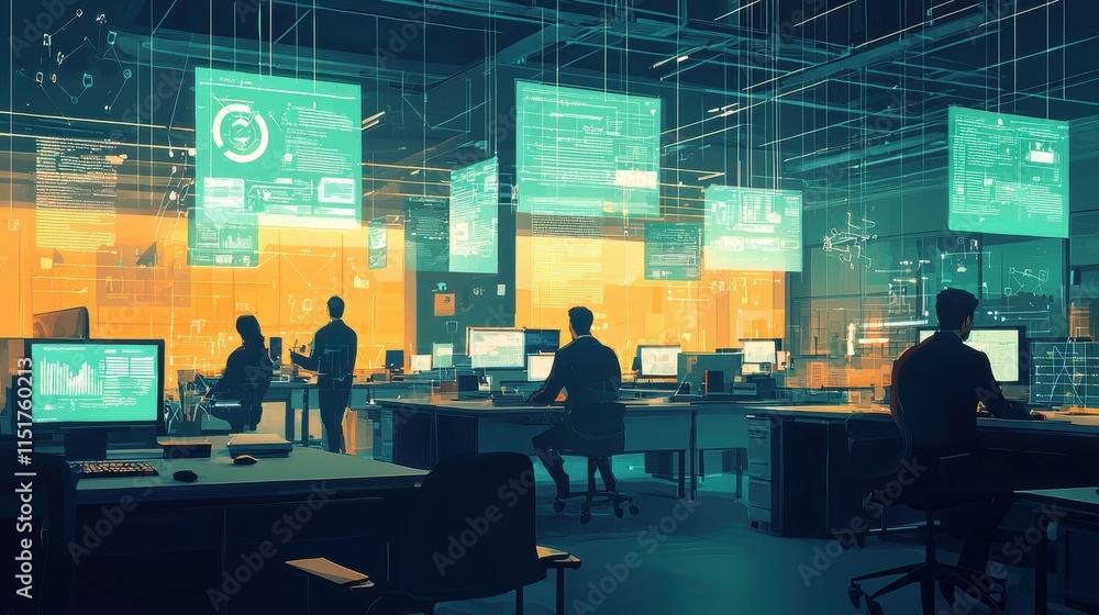 Poster modern digital workspace with advanced technology and data visualization