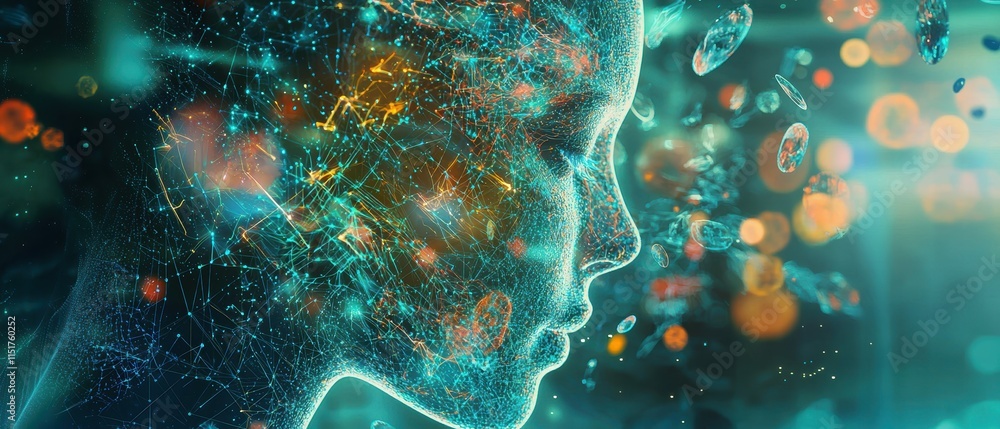 Poster human profile with abstract digital effects and data streams concept