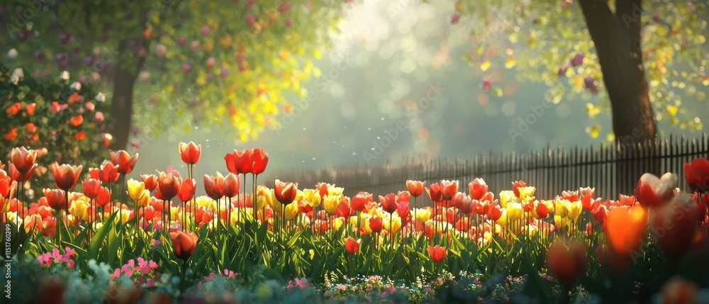 Poster vibrant tulip garden with soft light and bokeh in springtime scene