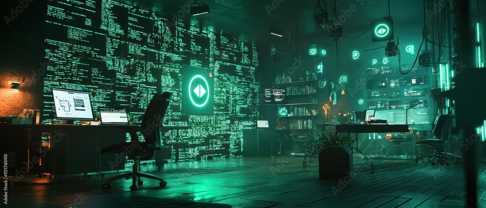 Poster futuristic dark room with green code and high-tech computer setup