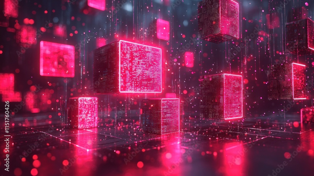 Poster abstract digital cubes: neon red data blocks falling in cyberspace