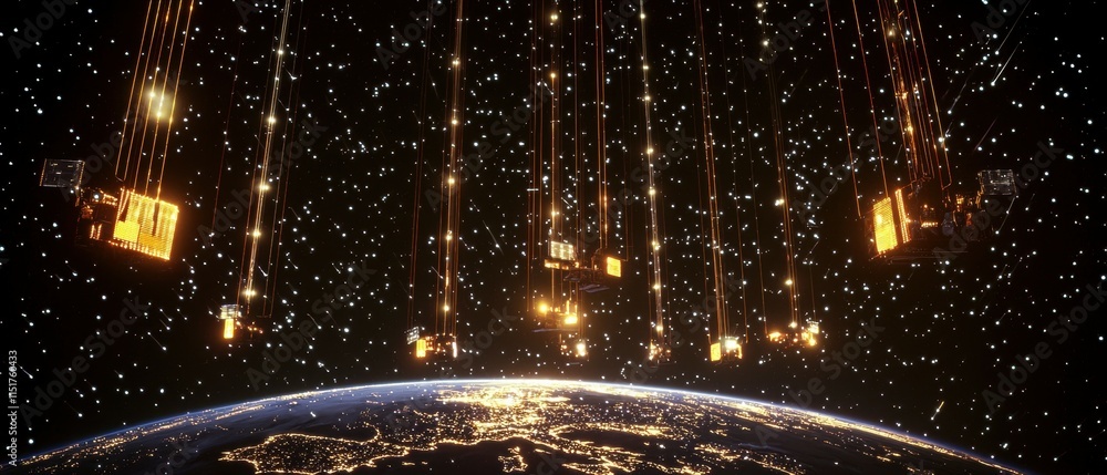 Poster futuristic satellite array over earth in a starry space environment