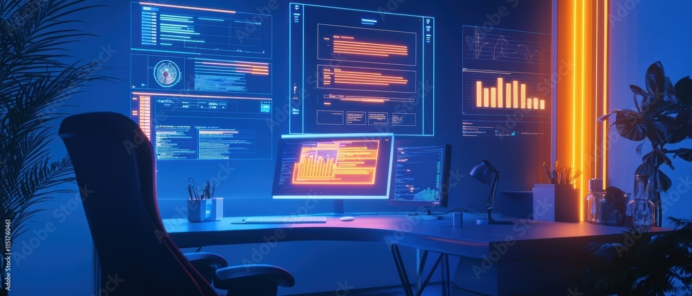 Poster futuristic home office setup with neon lights and data visualizations