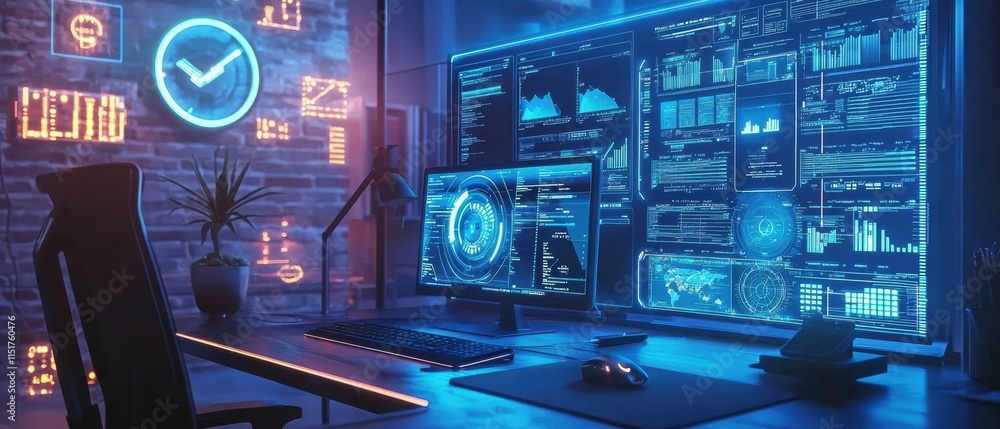 Poster futuristic office workspace with dual monitors and data visualization display