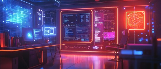 Obraz premium Futuristic Digital Workspace with Neon Lights and High-Tech Displays