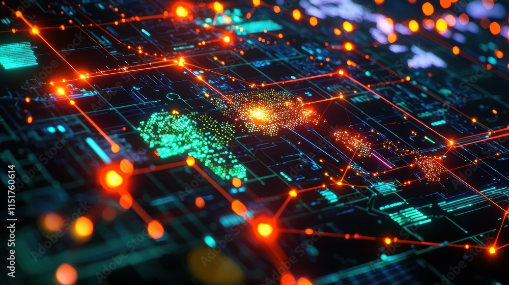 Aufkleber colorful digital network with data flow and global connections in 3d