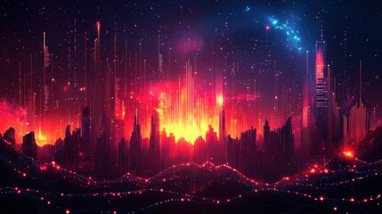 Fototapeta premium Futuristic Cityscape at Night: A Digital Painting of a Vibrant, Illuminated Metropolis Under a Starry Sky