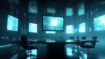 Fototapeta premium Modern Conference Room with Digital Screens and Futuristic Lighting Effects
