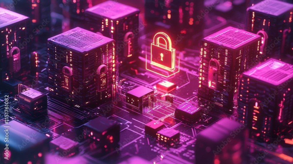 Poster abstract digital security concept with glowing locks and circuitry background