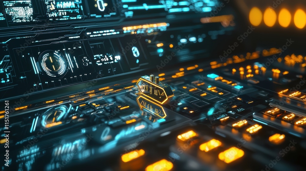 Poster futuristic control panel with neon lights and high-tech interface design