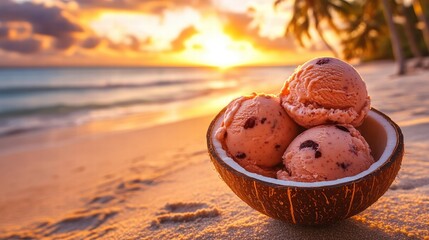 Tropical paradise jamaican rum raisin ice cream in a coconut shell at sunset