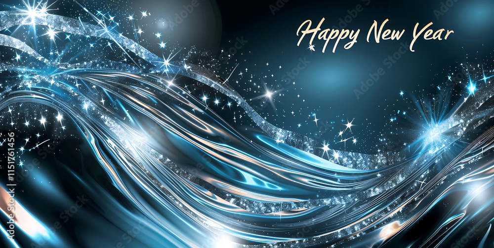 Aufkleber abstract metallic waves in silver and blue with subtle sparkles, featuring a glowing 