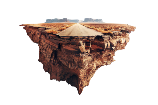 cut of the ground and the desert road floating in the air on a transparent background