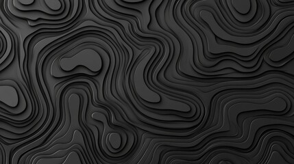 Abstract 3D Render Of Black Wavy Topographic Contour Lines, Modern Minimalist Background