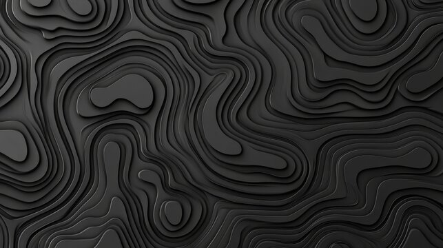 Abstract 3D Render Of Black Wavy Topographic Contour Lines, Modern Minimalist Background