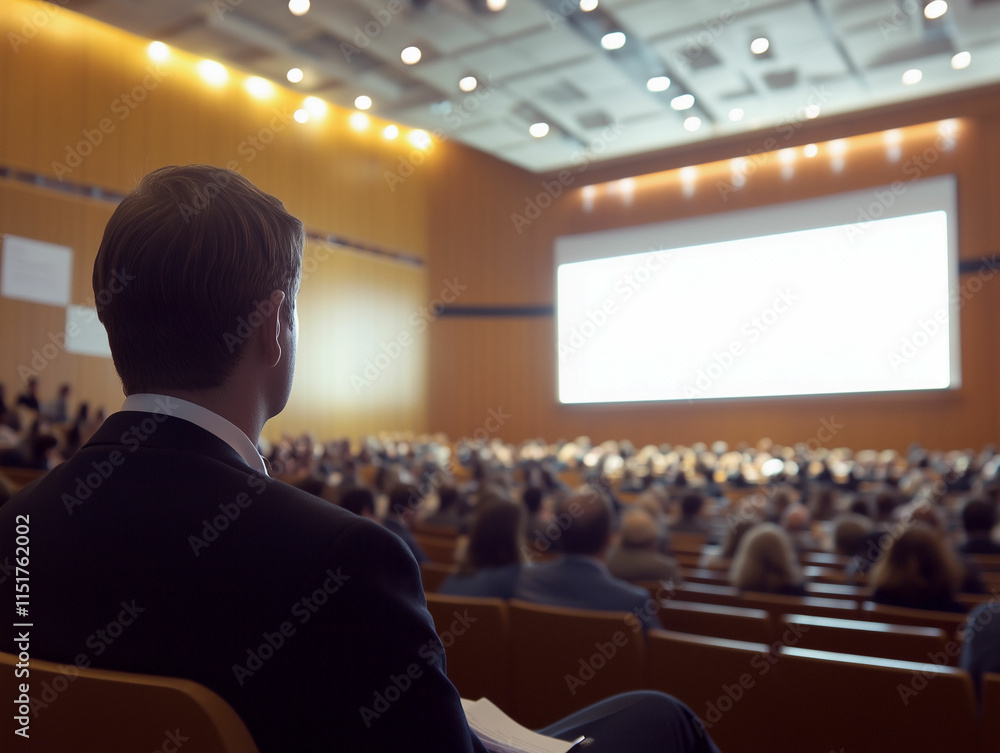 Poster professional attending a conference in a large auditorium with a presentation on screen