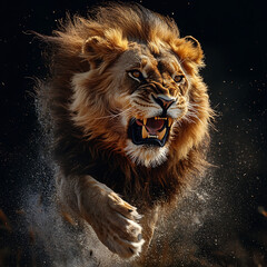 Naklejka premium A Powerful Roaring Lion in Dramatic Pursuit Through the Wilderness Capturing the Majesty and Raw Energy of Nature's Most Regal Predator
