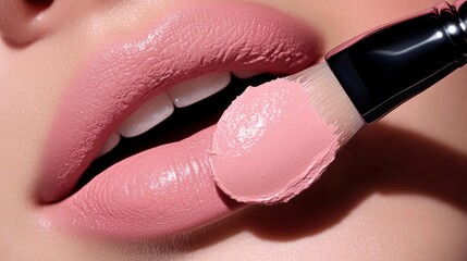 Obraz premium Close-up of woman's lips being applied with a brush.