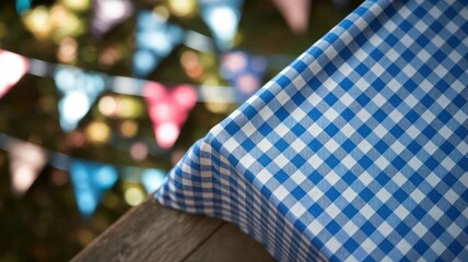 Obraz premium Blue and white checkered tablecloth outdoors near festive lights