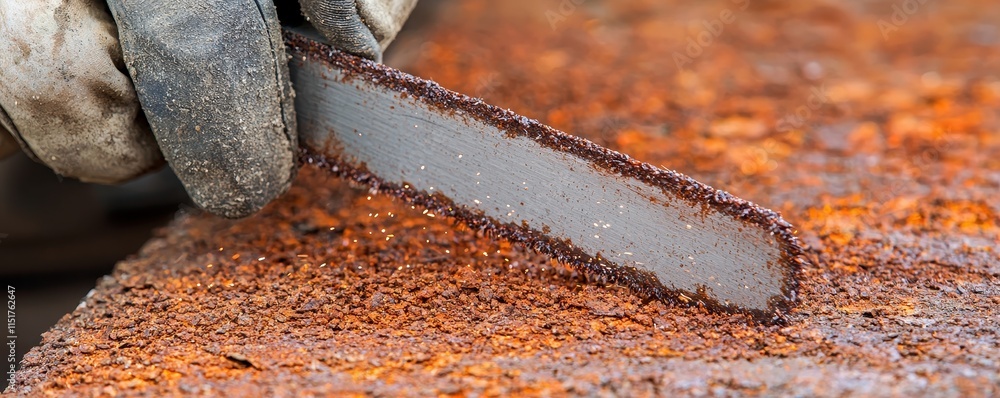 Poster a close-up of a hand using a rasp to smooth a rusty metal surface, showcasing the tool's texture and