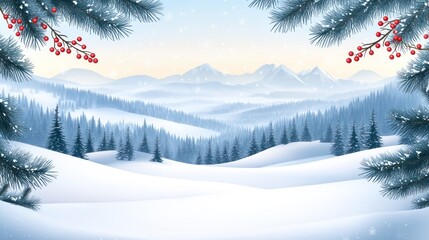 Obraz premium Snowy mountain landscape viewed through pine branches with red berries.