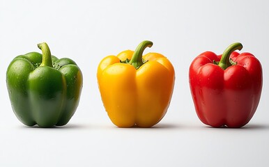 Three colorful bell peppers in green, yellow, and red arranged in a row on a white isolated background.