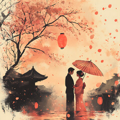 Romantic Couple Standing Under a Sakura Tree with Umbrella Surrounded by Lanterns at Dusk, Capturing a Serene and Dreamlike Moment of Love